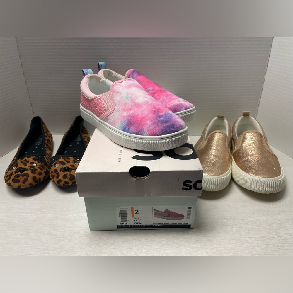 3 pairs of NEW girls size 2 shoes.